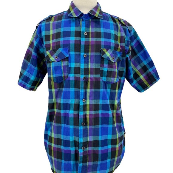 Mecca USA Men’s Casual Blue Cotton Plaid Shirt Button Front Short Sleeve Size XL - Picture 1 of 6